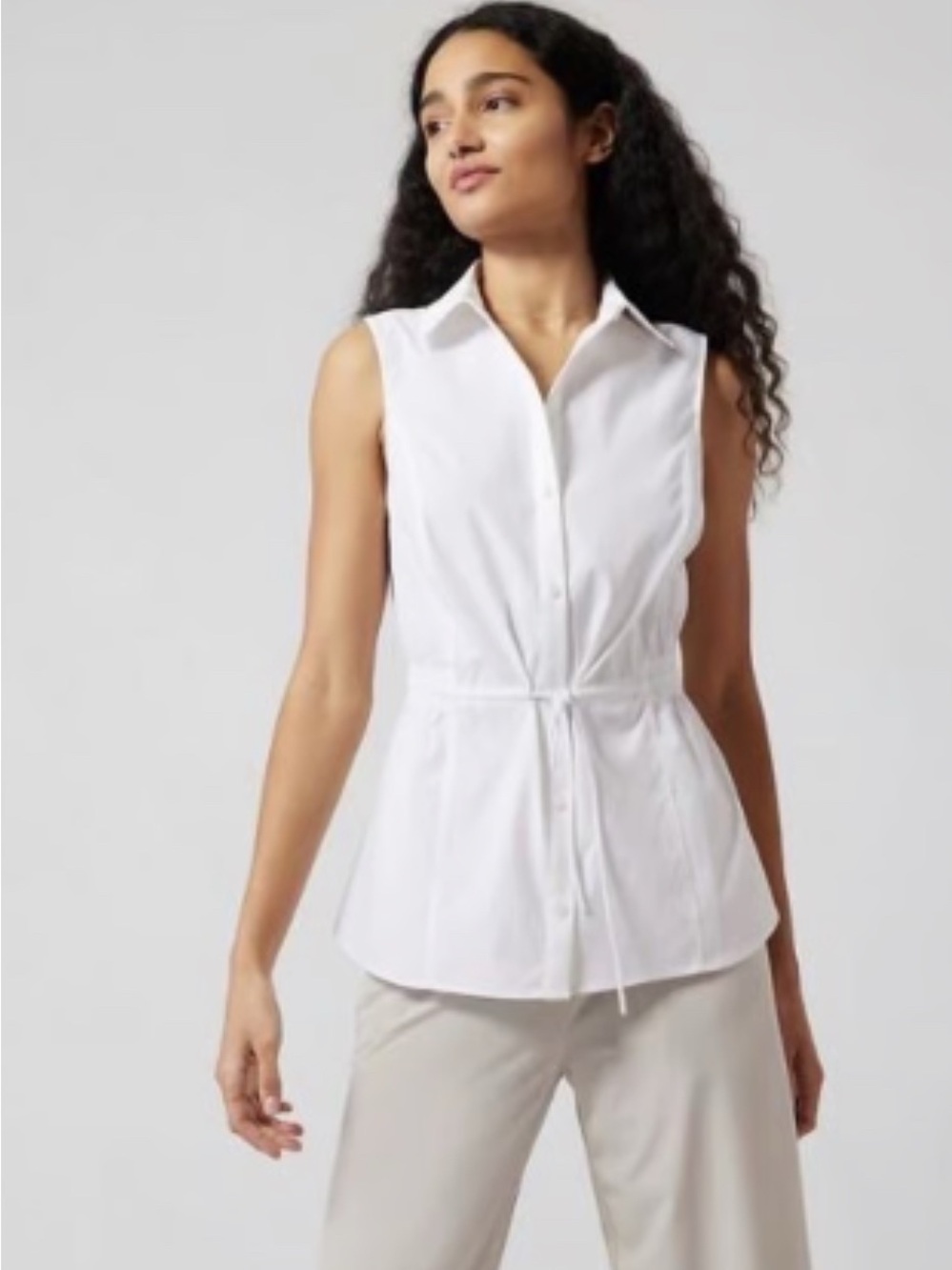 Athleta Sleeveless Levitate Poplin Pop White Drawstring Shirt-Blouse White XS